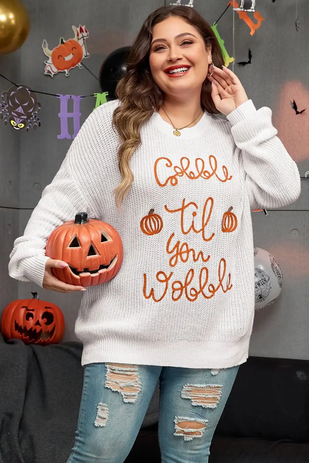 White Gobble Til You Wobble Pop Up Crochet Plus Size Sweater - Love Salve